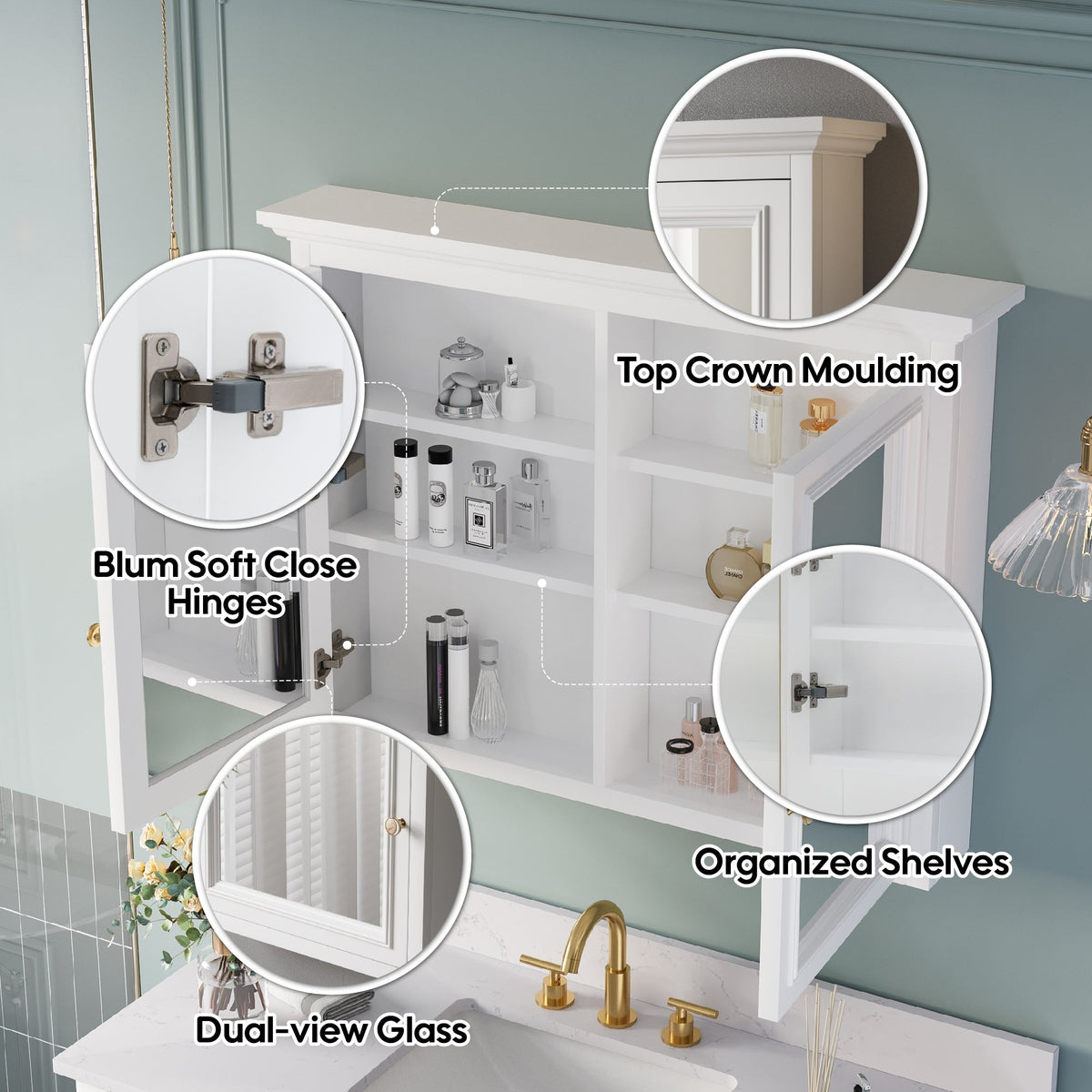 Forclover 40-in x 30-in Surface Mount White Mirrored Soft Close Medicine Cabinet