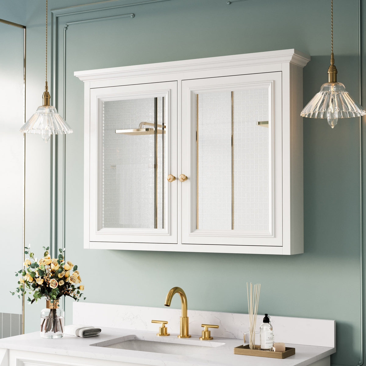 Forclover 40-in x 30-in Surface Mount White Mirrored Soft Close Medicine Cabinet