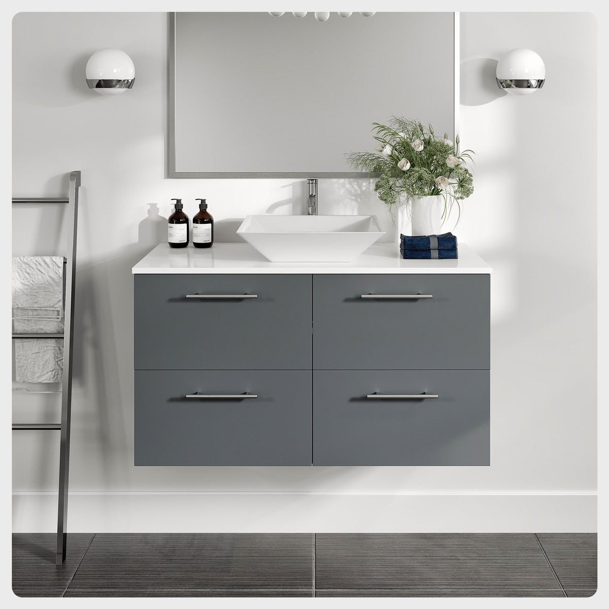 Eviva Luxury 39"W x 20"D Gray Wall-Mount Bathroom Vanity with White Tempered Glass Countertop and Vessel Porcelain Sink