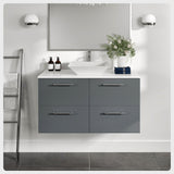 Eviva Luxury 39"W x 20"D Gray Wall-Mount Bathroom Vanity with White Tempered Glass Countertop and Vessel Porcelain Sink