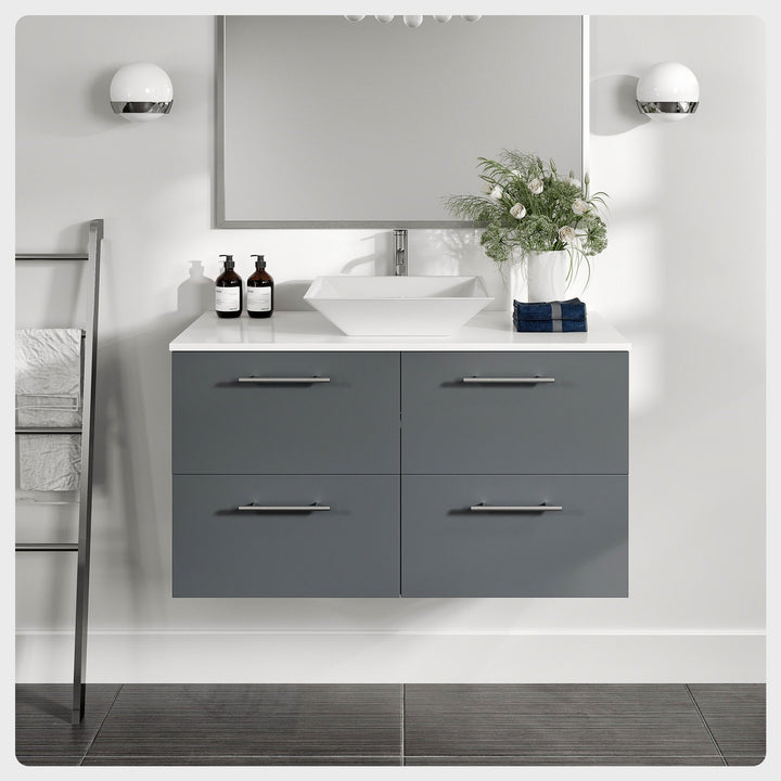 Eviva Luxury 39"W x 20"D Gray Wall-Mount Bathroom Vanity with White Tempered Glass Countertop and Vessel Porcelain Sink
