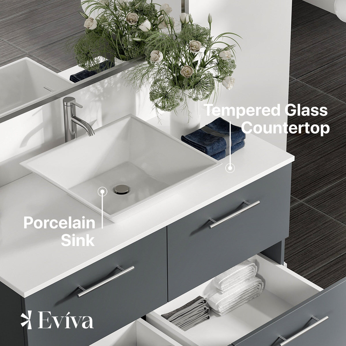 Eviva Luxury 39"W x 20"D Gray Wall-Mount Bathroom Vanity with White Tempered Glass Countertop and Vessel Porcelain Sink
