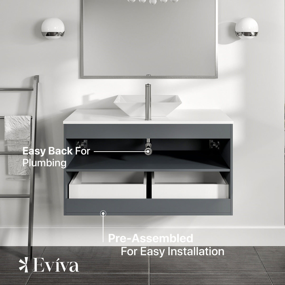 Eviva Luxury 39"W x 20"D Gray Wall-Mount Bathroom Vanity with White Tempered Glass Countertop and Vessel Porcelain Sink