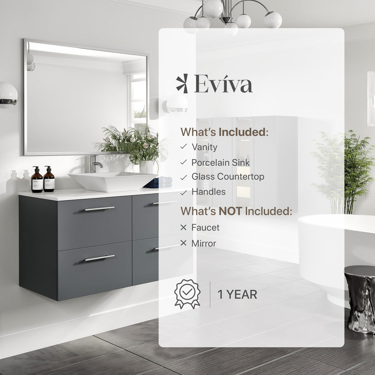 Eviva Luxury 39"W x 20"D Gray Wall-Mount Bathroom Vanity with White Tempered Glass Countertop and Vessel Porcelain Sink