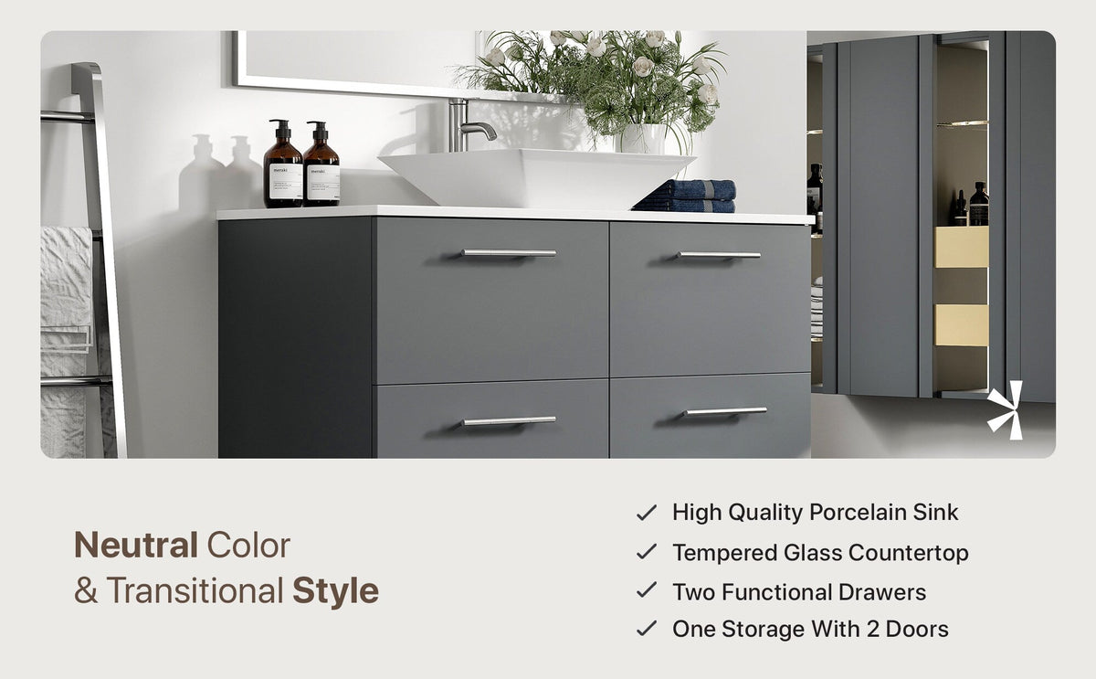 Eviva Luxury 39"W x 20"D Gray Wall-Mount Bathroom Vanity with White Tempered Glass Countertop and Vessel Porcelain Sink