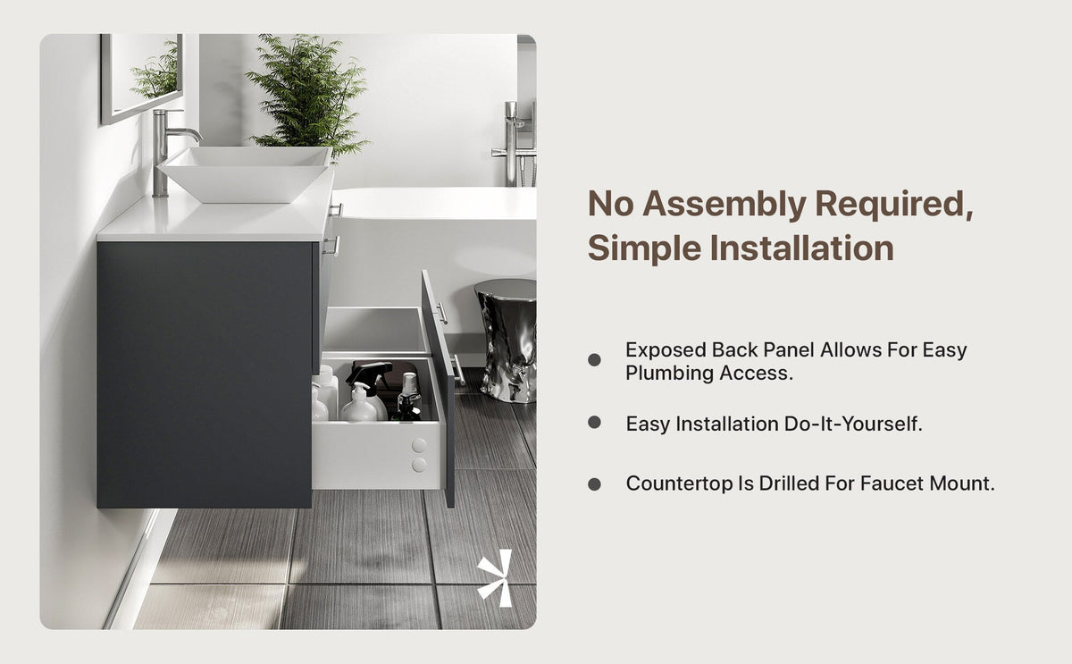 Eviva Luxury 39"W x 20"D Gray Wall-Mount Bathroom Vanity with White Tempered Glass Countertop and Vessel Porcelain Sink