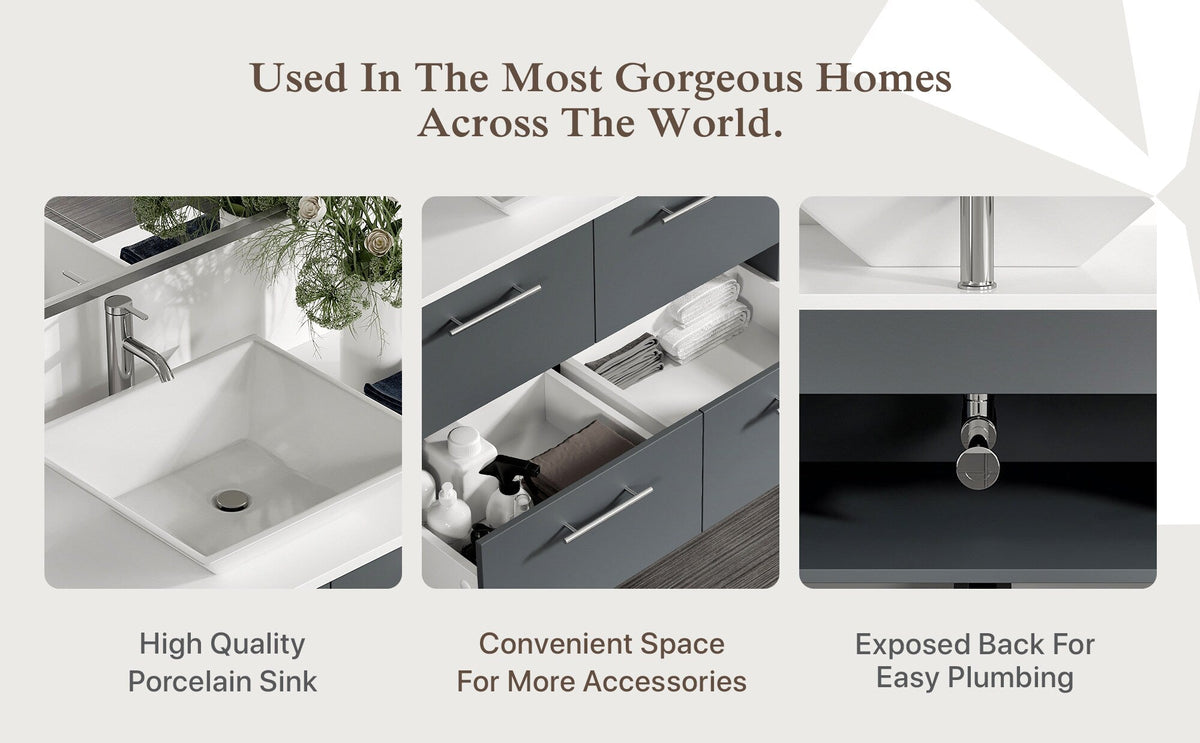 Eviva Luxury 39"W x 20"D Gray Wall-Mount Bathroom Vanity with White Tempered Glass Countertop and Vessel Porcelain Sink