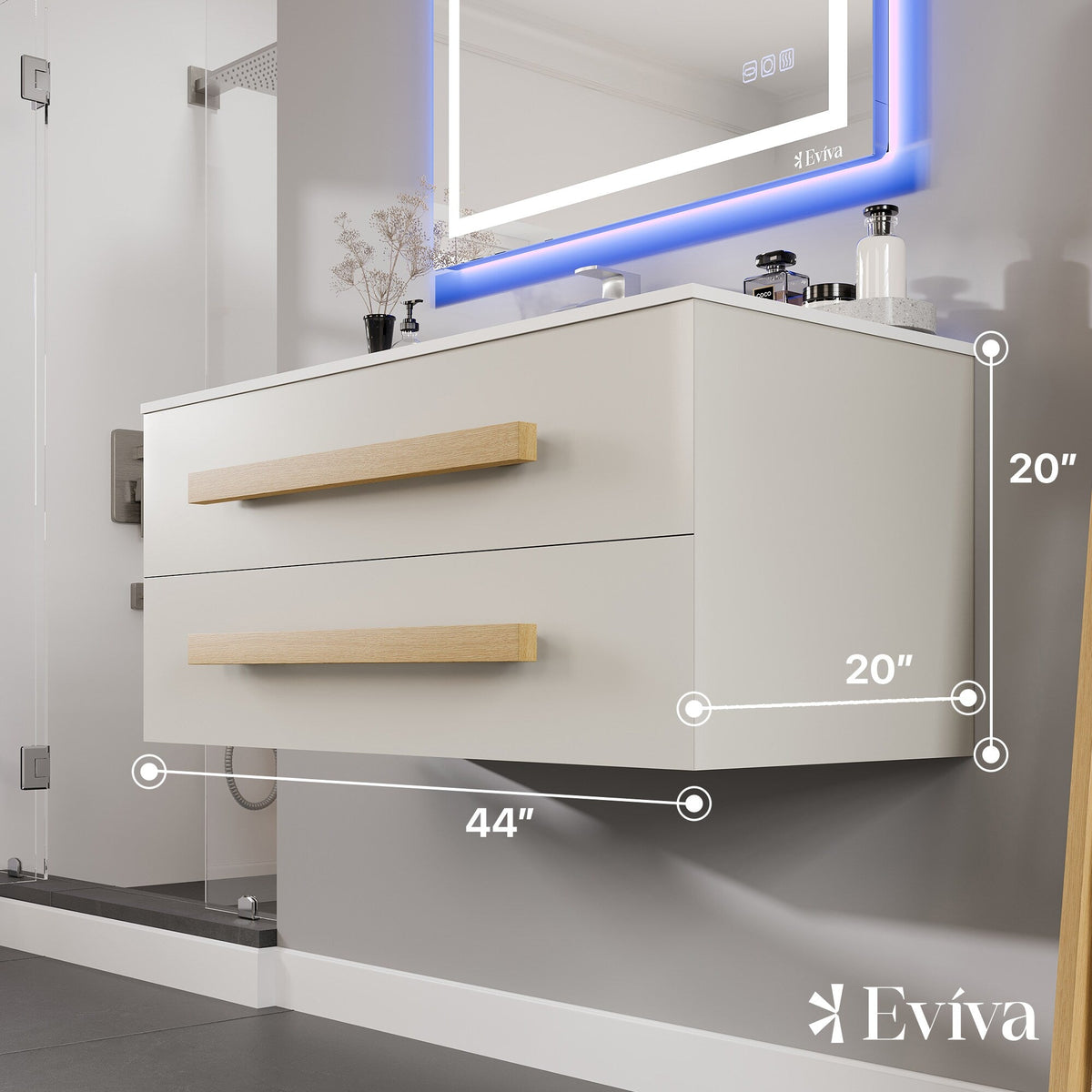 Eviva Element 44"W x 20"D White Wall Mount Bathroom Vanity with White Solid Surface Countertop and Integrated Sink