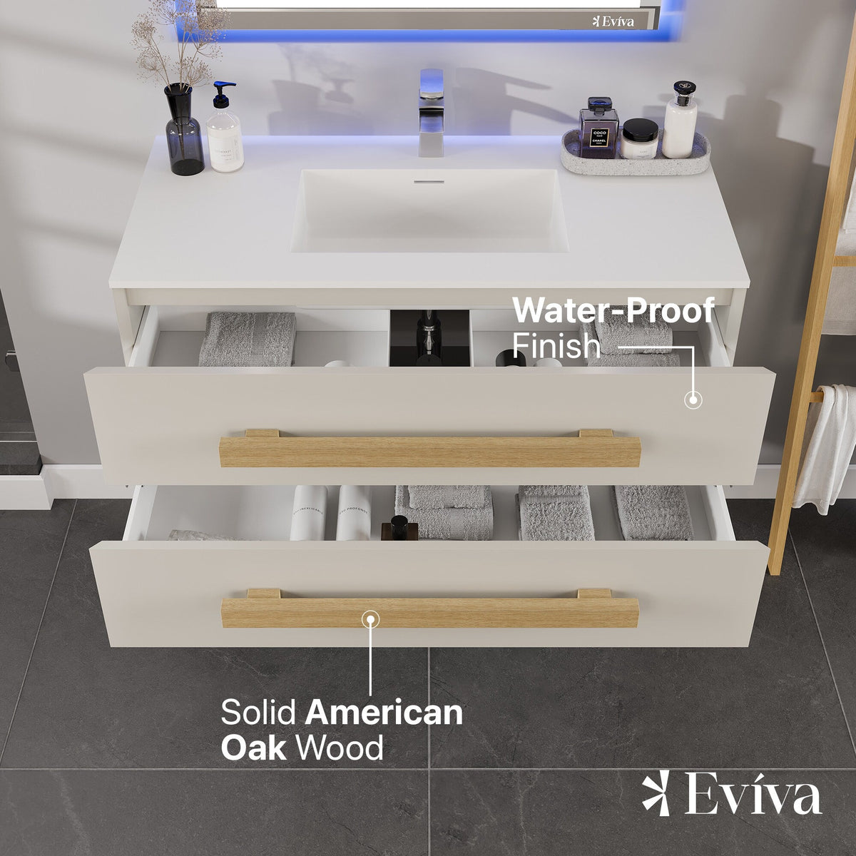 Eviva Element 44"W x 20"D White Wall Mount Bathroom Vanity with White Solid Surface Countertop and Integrated Sink