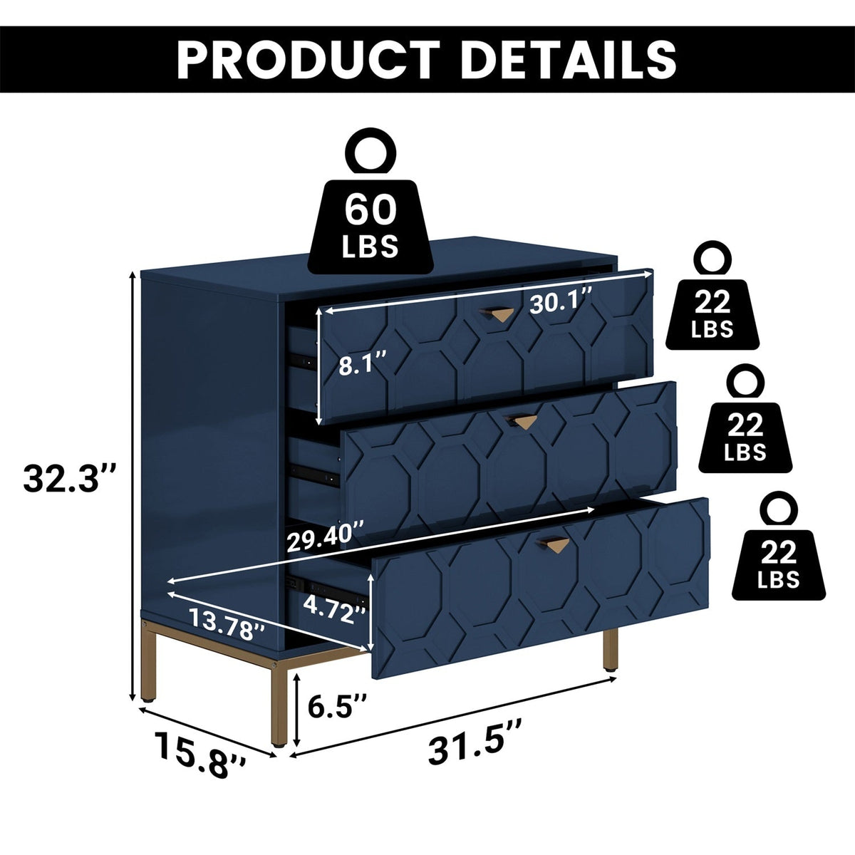 Mondawe 31.5 in. 3-Drawer  Cabinet, Blue