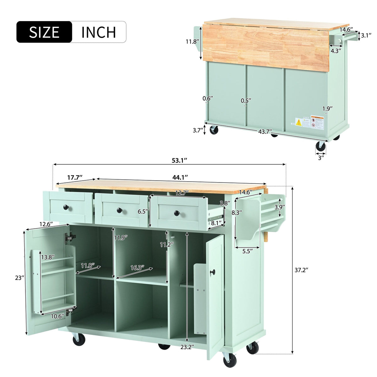 Runesay Green Mdf Base with Mdf Wood Top Rolling Kitchen Island (29.5-in x 53.1-in x 37.2-in)