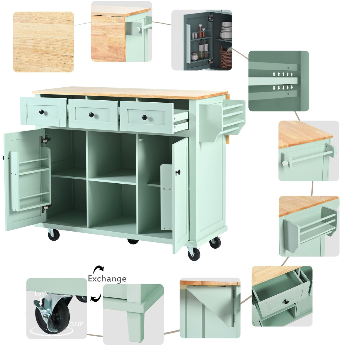 Runesay Green Mdf Base with Mdf Wood Top Rolling Kitchen Island (29.5-in x 53.1-in x 37.2-in)
