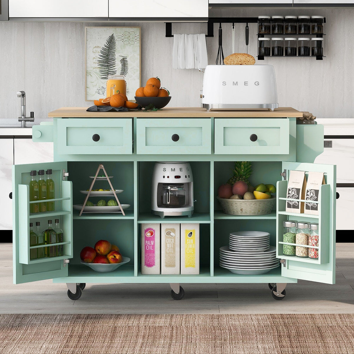 Runesay Green Mdf Base with Mdf Wood Top Rolling Kitchen Island (29.5-in x 53.1-in x 37.2-in)
