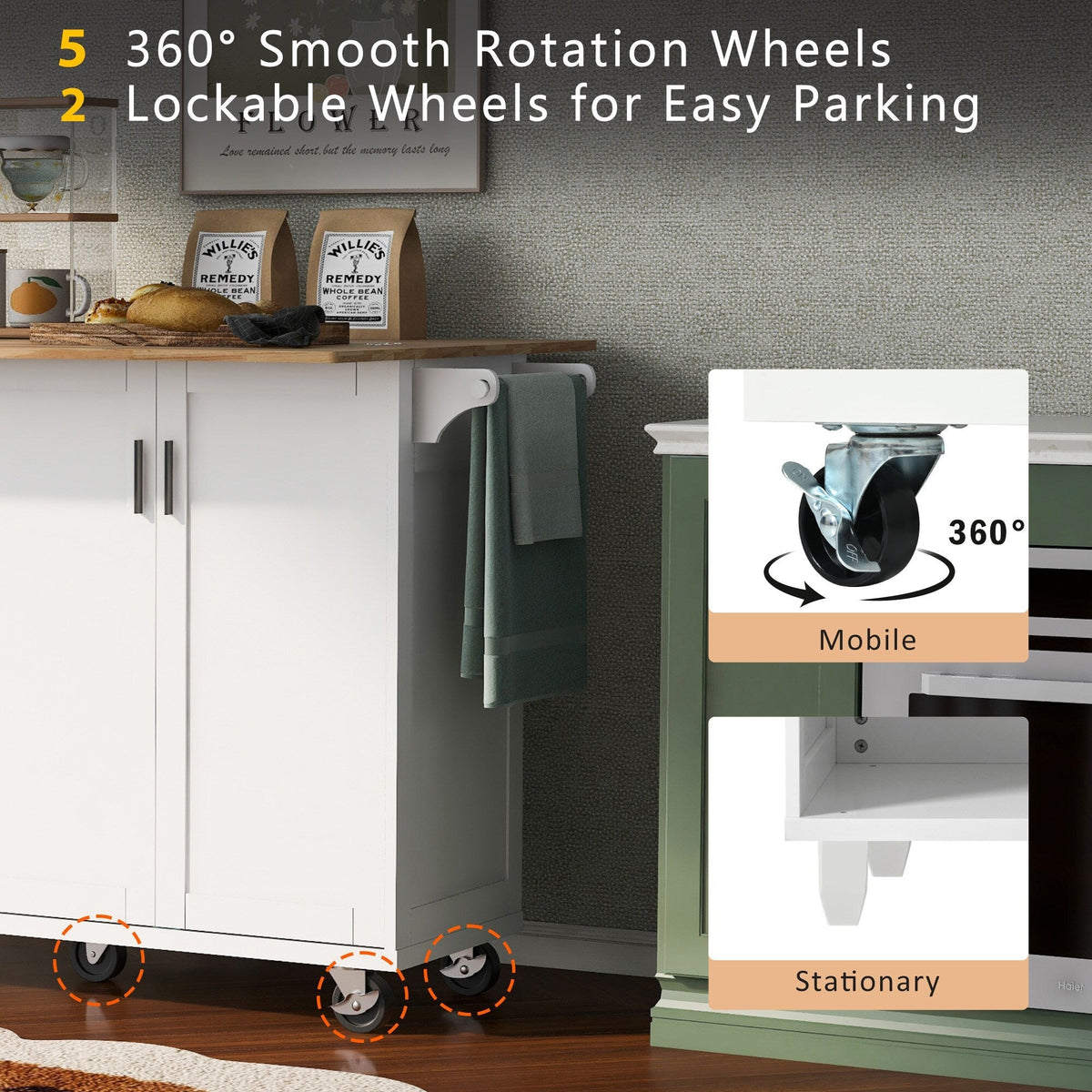 Runesay White Mdf Base with Mdf Wood Top Rolling Kitchen Island (33.2-in x 49.02-in x 37.54-in)