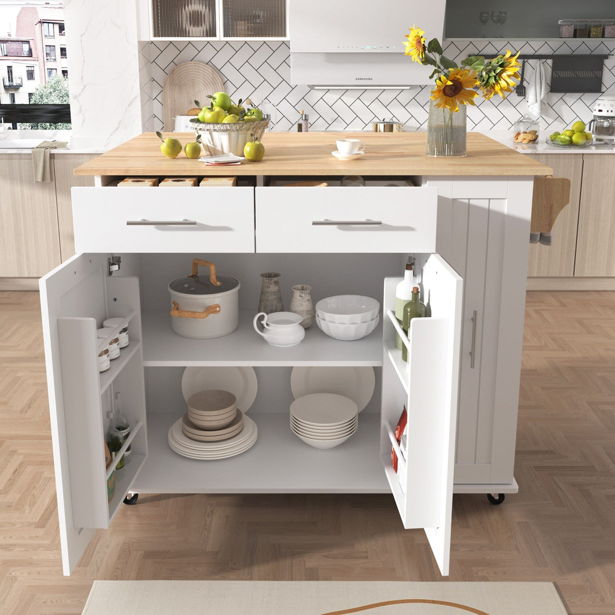 Runesay White Mdf Base with Mdf Wood Top Rolling Kitchen Island (29.5-in x 46-in x 37-in)