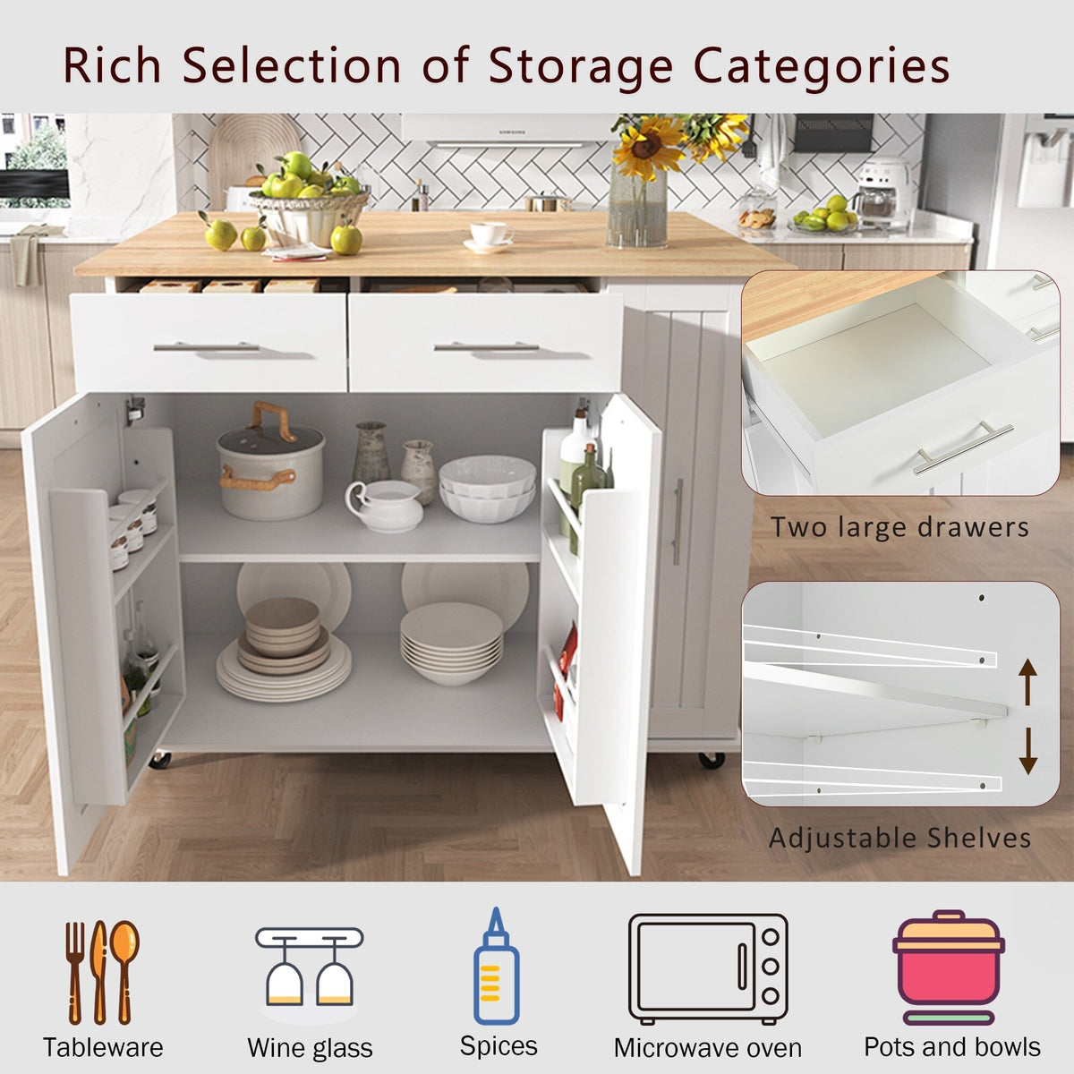 Runesay White Mdf Base with Mdf Wood Top Rolling Kitchen Island (29.5-in x 46-in x 37-in)