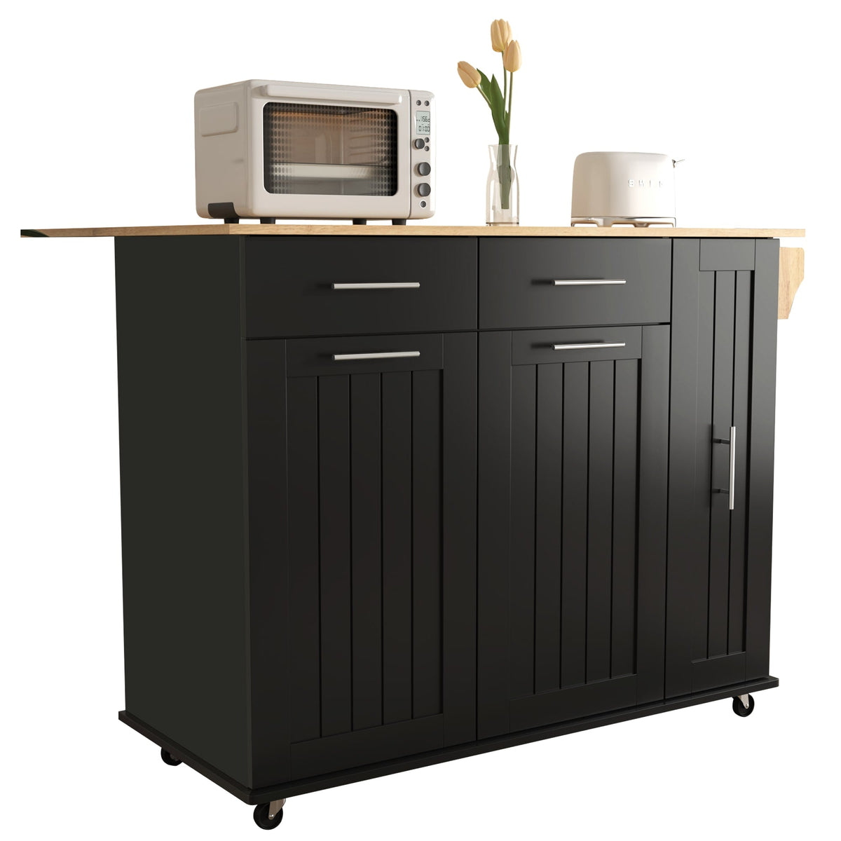 Runesay Black Mdf Base with Mdf Wood Top Rolling Kitchen Island (29.5-in x 46-in x 37-in)