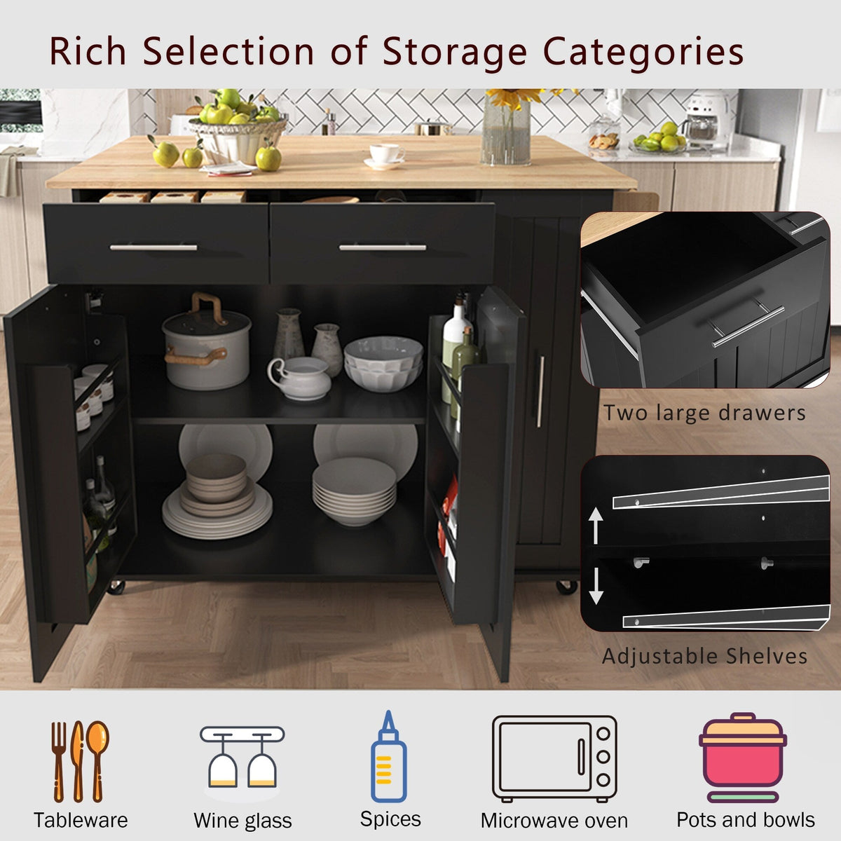 Runesay Black Mdf Base with Mdf Wood Top Rolling Kitchen Island (29.5-in x 46-in x 37-in)