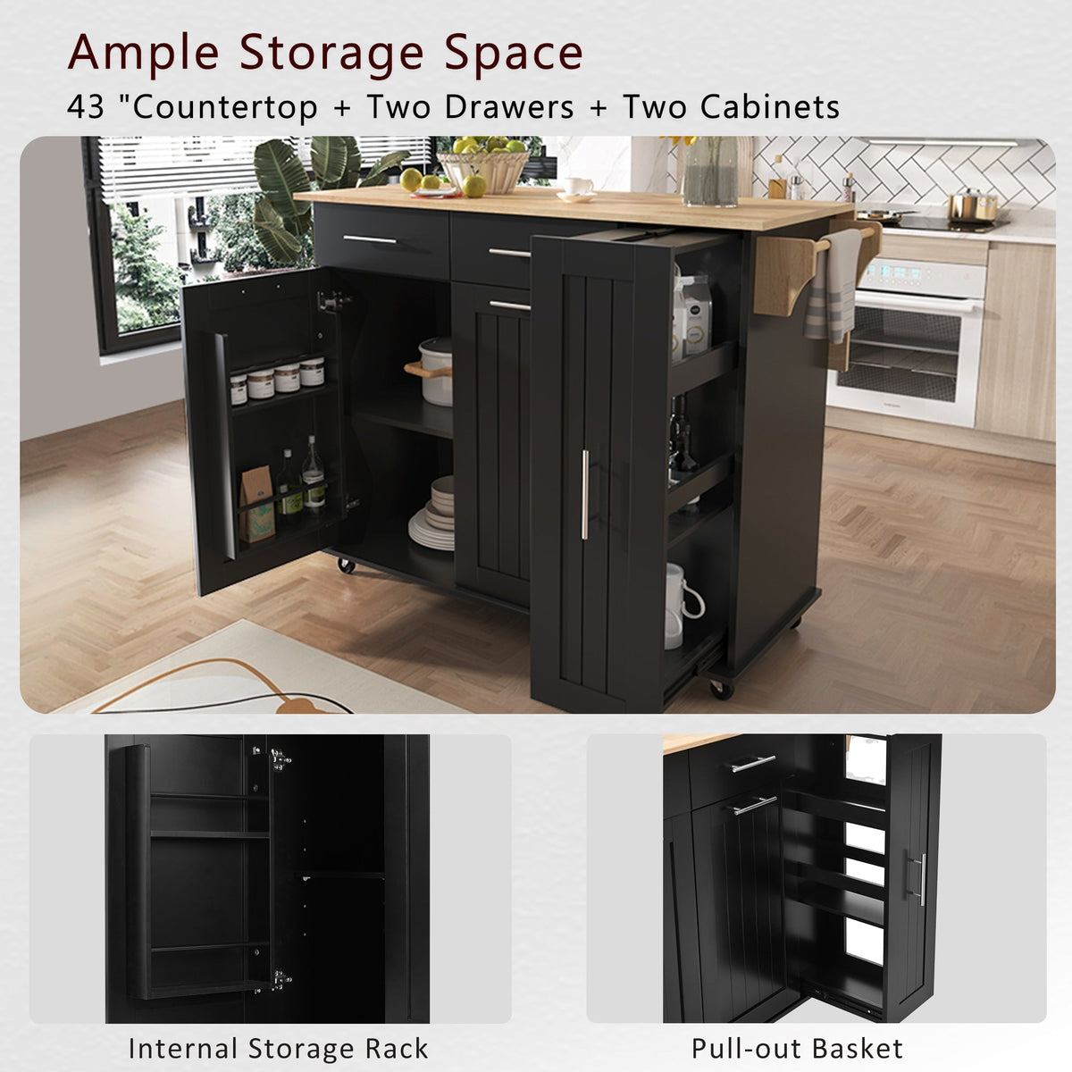 Runesay Black Mdf Base with Mdf Wood Top Rolling Kitchen Island (29.5-in x 46-in x 37-in)