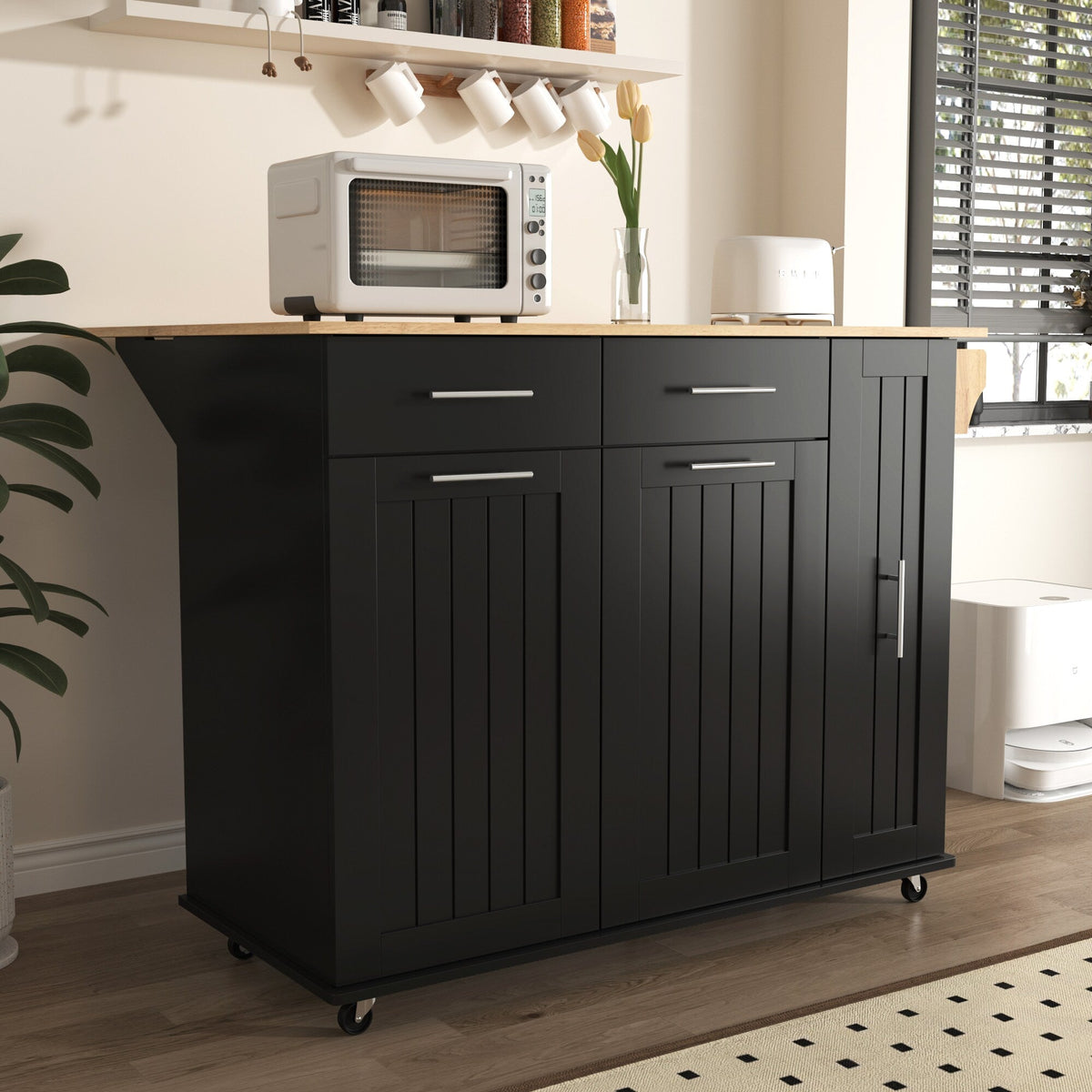 Runesay Black Mdf Base with Mdf Wood Top Rolling Kitchen Island (29.5-in x 46-in x 37-in)