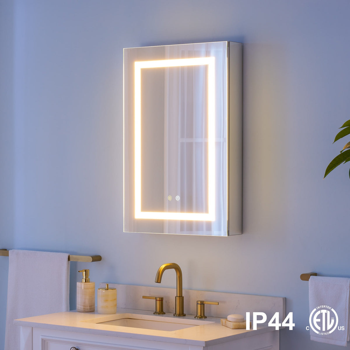 WELLFOR NIKA 20-in x 30-in Lighted LED Fog Free Surface/Recessed Mount Silver Mirrored Soft Close Medicine Cabinet with Outlet