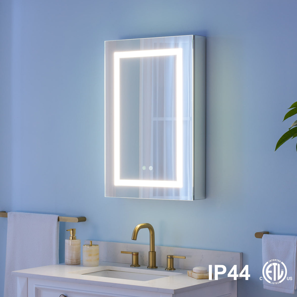 WELLFOR NIKA 20-in x 30-in Lighted LED Fog Free Surface/Recessed Mount Silver Mirrored Soft Close Medicine Cabinet with Outlet