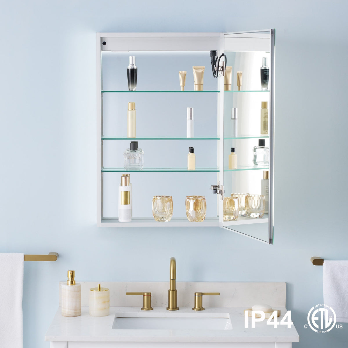 WELLFOR NIKA 20-in x 30-in Lighted LED Fog Free Surface/Recessed Mount Silver Mirrored Soft Close Medicine Cabinet with Outlet