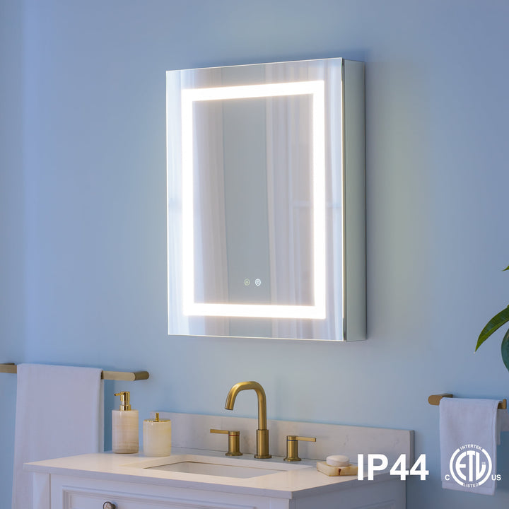 WELLFOR NIKA 24-in x 30-in Lighted LED Fog Free Surface/Recessed Mount Silver Mirrored Soft Close Medicine Cabinet with Outlet
