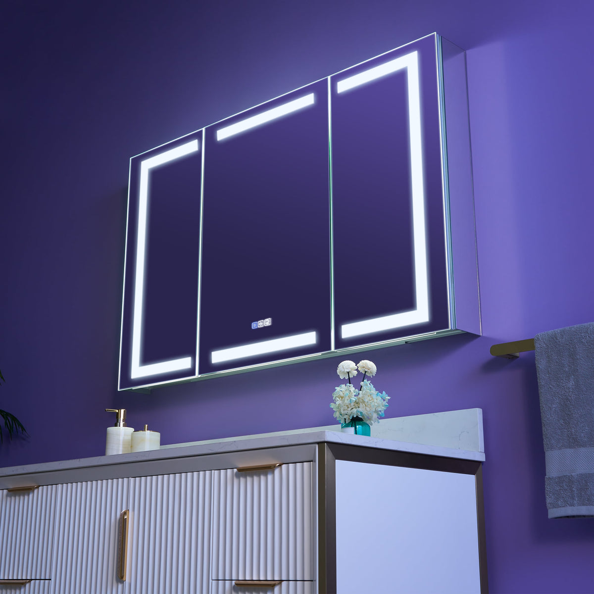 WELLFOR NIKA 48-in x 30-in Lighted LED Fog Free Surface/Recessed Mount Silver Mirrored Soft Close Medicine Cabinet with Outlet
