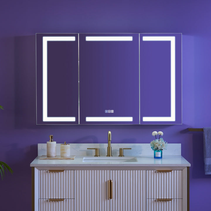 WELLFOR NIKA 48-in x 30-in Lighted LED Fog Free Surface/Recessed Mount Silver Mirrored Soft Close Medicine Cabinet with Outlet