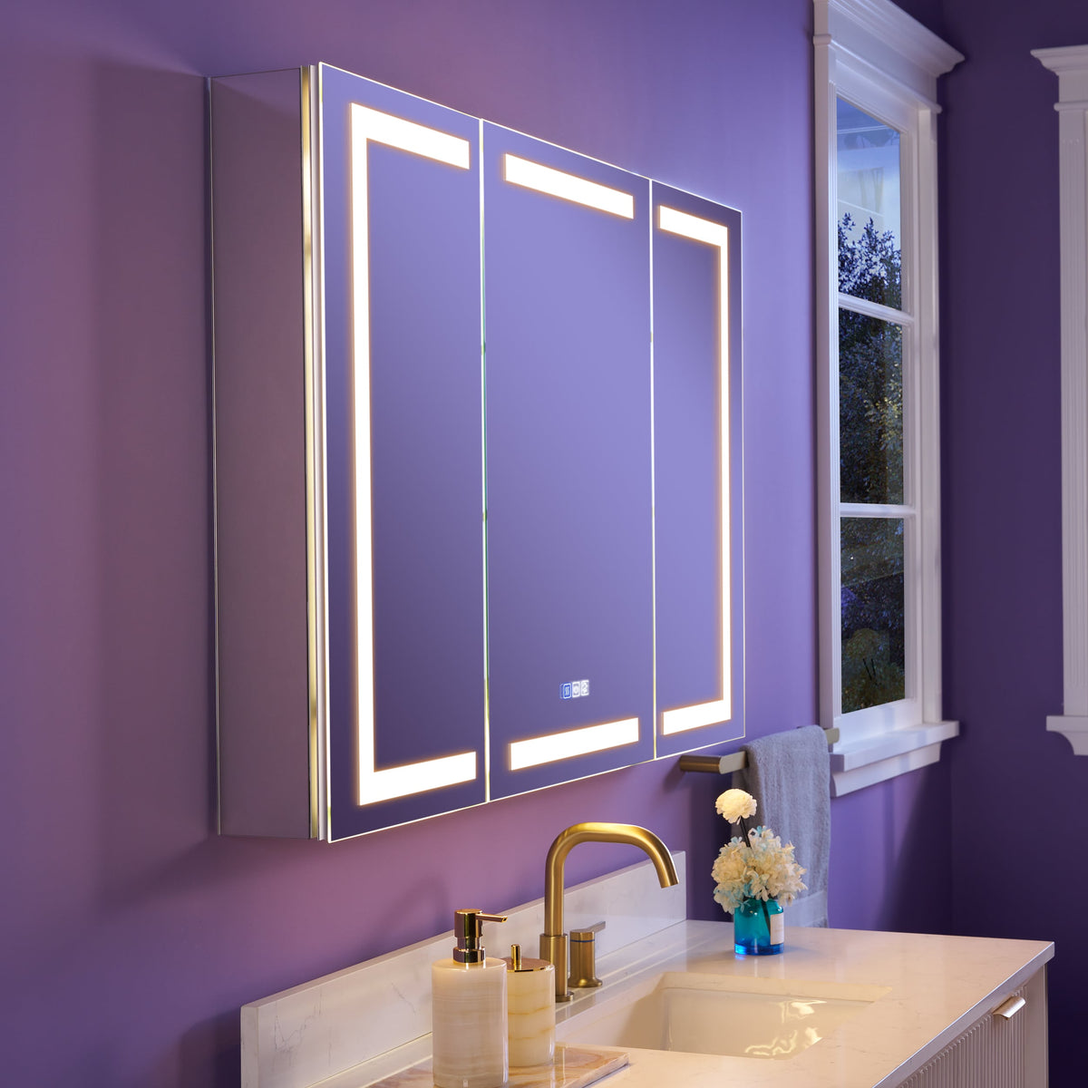 WELLFOR NIKA 48-in x 30-in Lighted LED Fog Free Surface/Recessed Mount Silver Mirrored Soft Close Medicine Cabinet with Outlet
