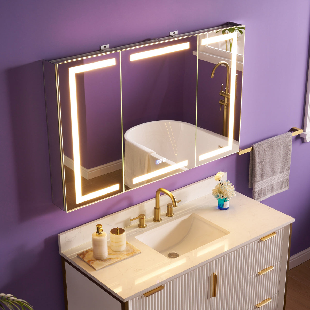 WELLFOR NIKA 48-in x 30-in Lighted LED Fog Free Surface/Recessed Mount Silver Mirrored Soft Close Medicine Cabinet with Outlet