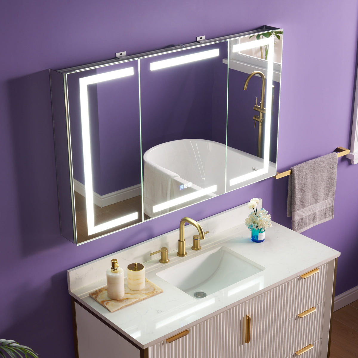 WELLFOR NIKA 48-in x 30-in Lighted LED Fog Free Surface/Recessed Mount Silver Mirrored Soft Close Medicine Cabinet with Outlet