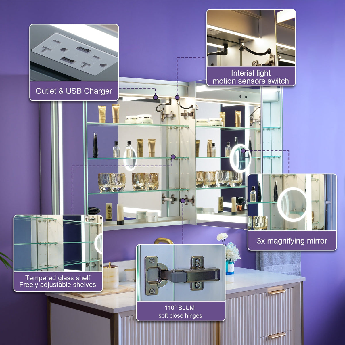 WELLFOR NIKA 48-in x 30-in Lighted LED Fog Free Surface/Recessed Mount Silver Mirrored Soft Close Medicine Cabinet with Outlet
