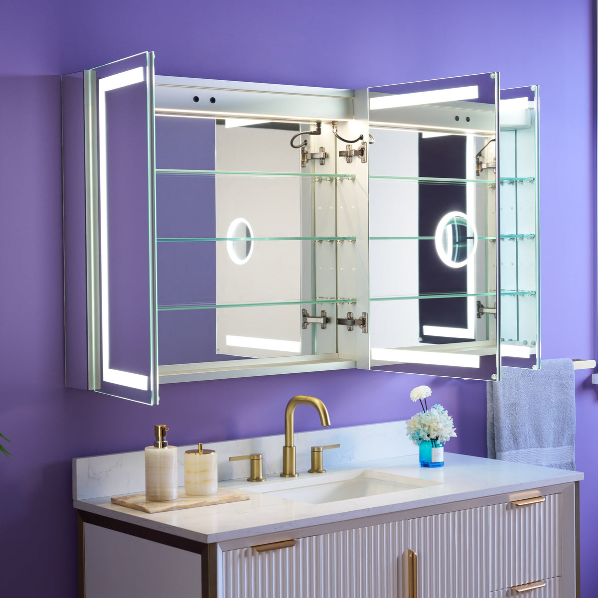 WELLFOR NIKA 48-in x 30-in Lighted LED Fog Free Surface/Recessed Mount Silver Mirrored Soft Close Medicine Cabinet with Outlet