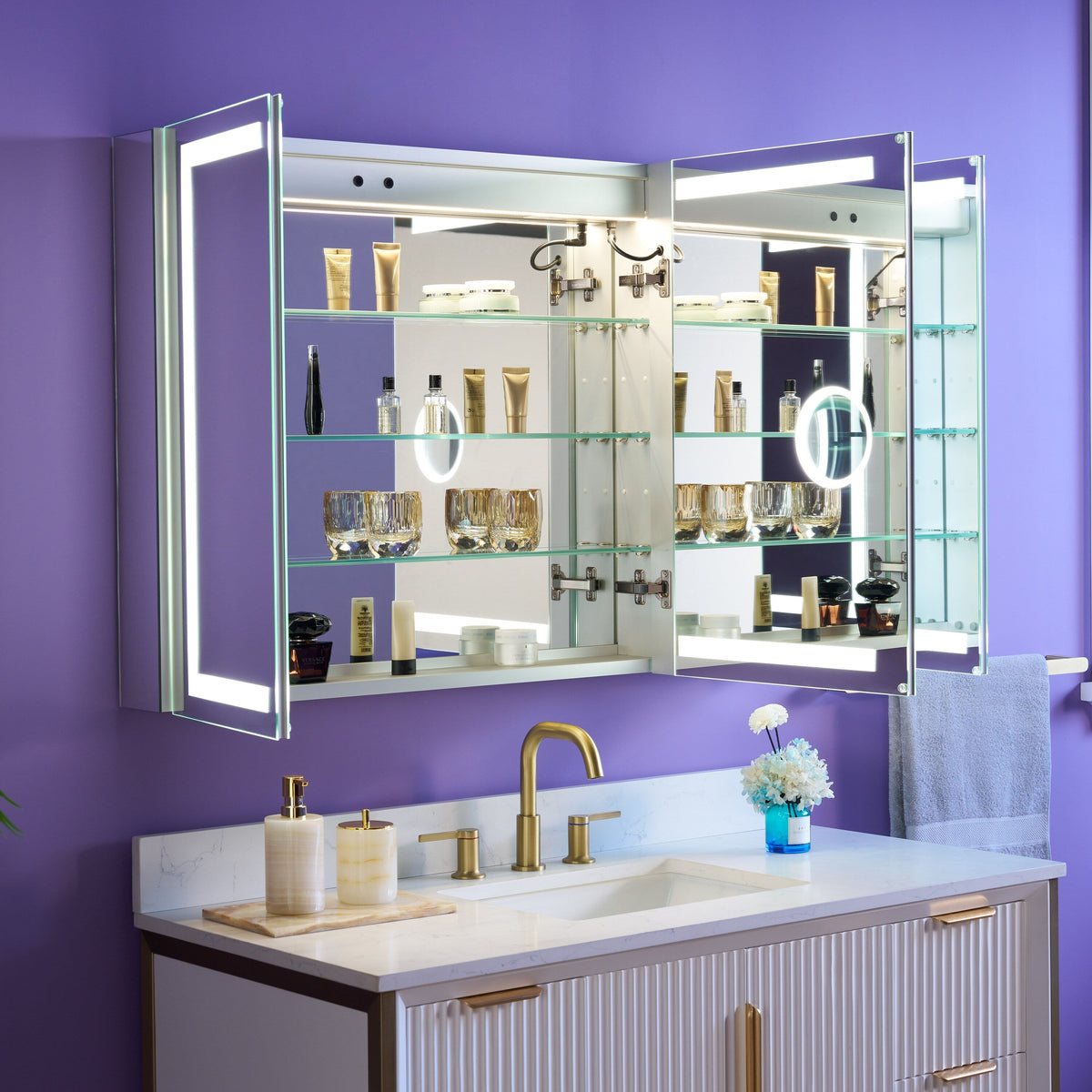 WELLFOR NIKA 48-in x 30-in Lighted LED Fog Free Surface/Recessed Mount Silver Mirrored Soft Close Medicine Cabinet with Outlet