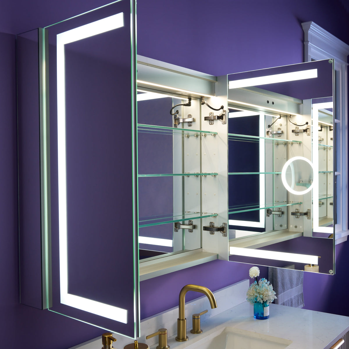 WELLFOR NIKA 48-in x 30-in Lighted LED Fog Free Surface/Recessed Mount Silver Mirrored Soft Close Medicine Cabinet with Outlet
