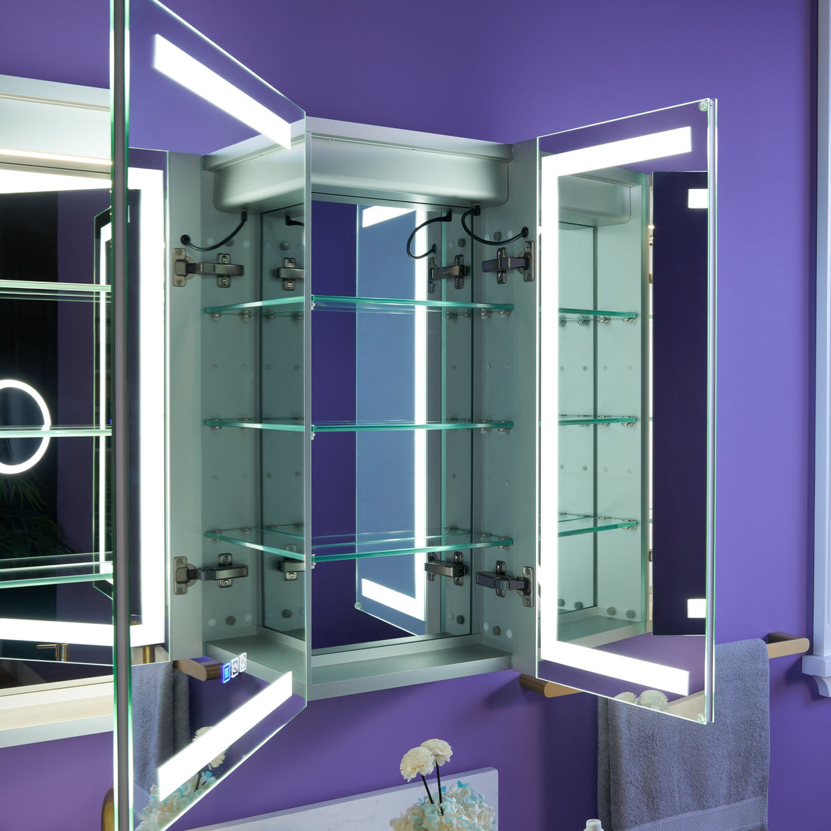 WELLFOR NIKA 48-in x 30-in Lighted LED Fog Free Surface/Recessed Mount Silver Mirrored Soft Close Medicine Cabinet with Outlet