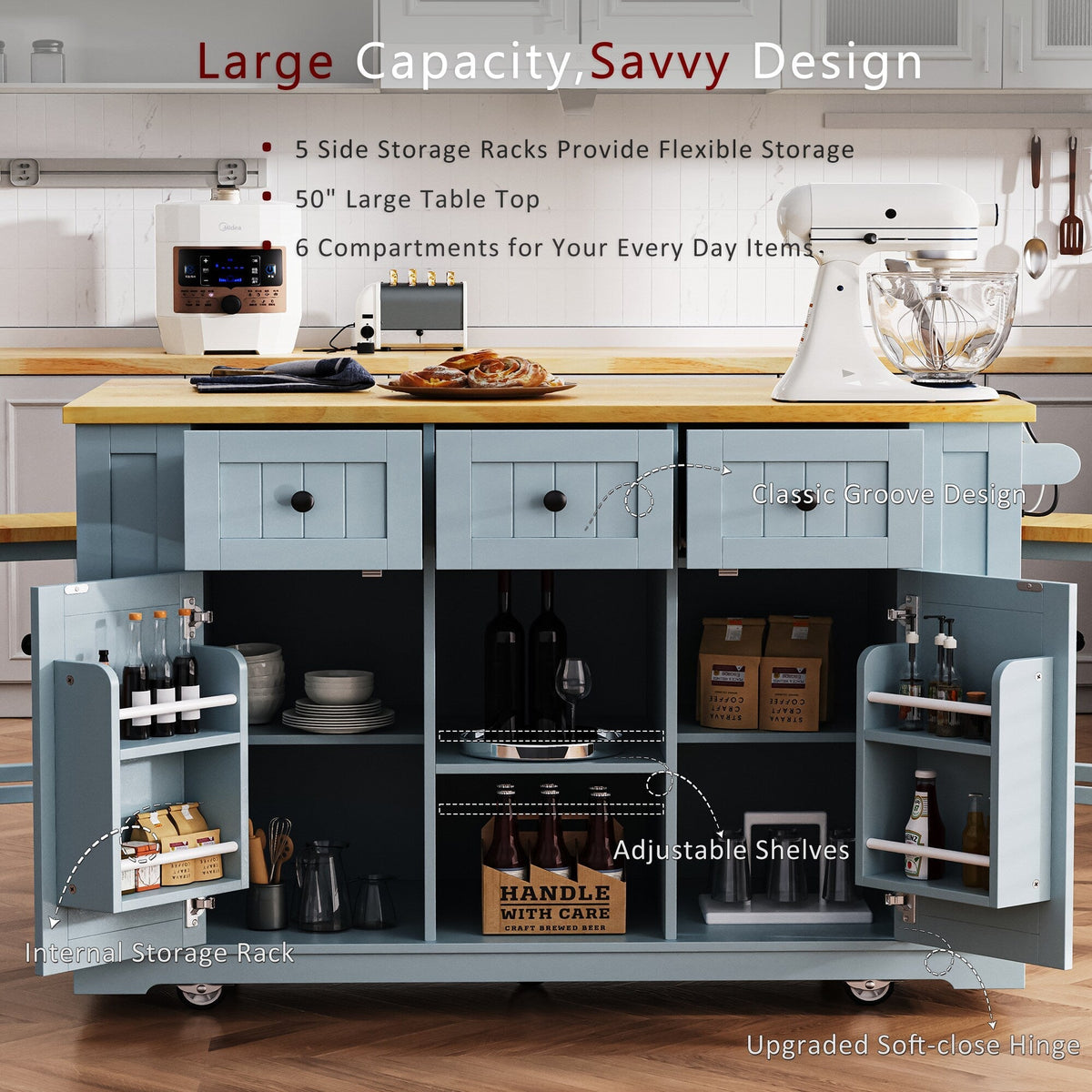 Runesay Gray Mdf Base with Mdf Wood Top Rolling Kitchen Island (29.52-in x 53.14-in x 36.4-in)