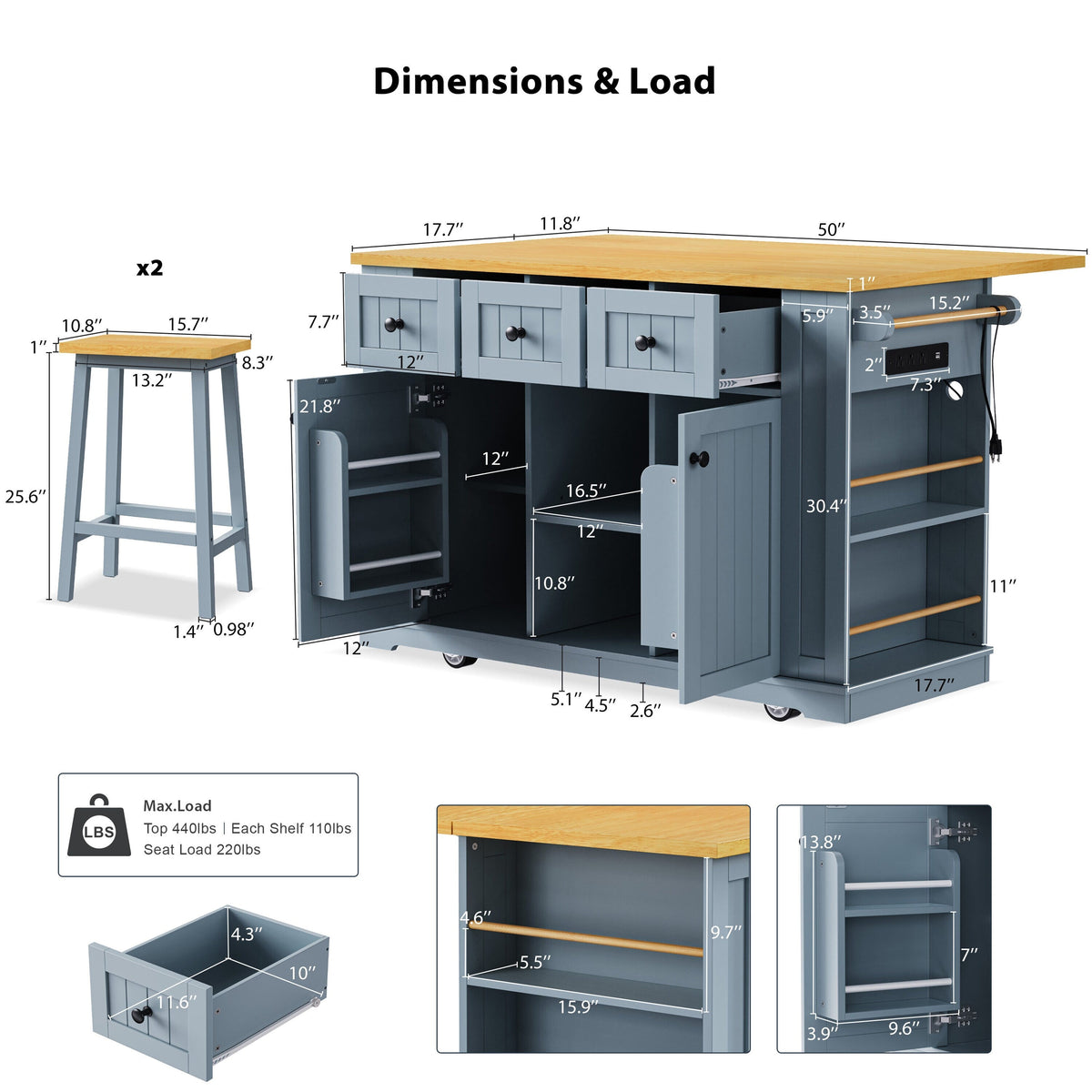 Runesay Gray Mdf Base with Mdf Wood Top Rolling Kitchen Island (29.52-in x 53.14-in x 36.4-in)