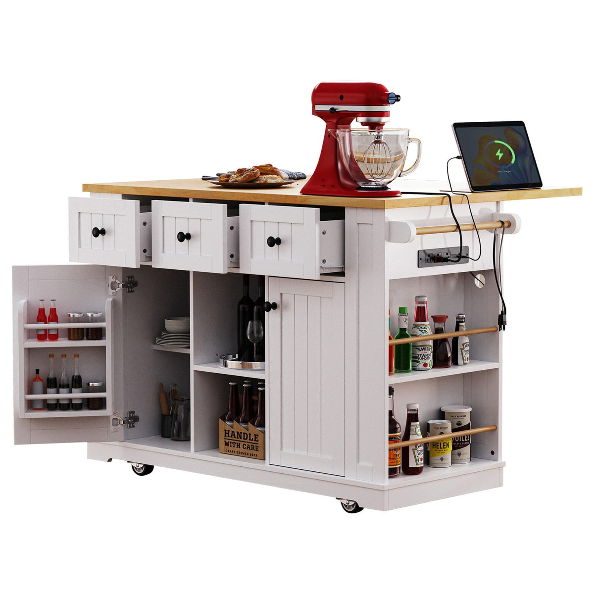 Runesay White Mdf Base with Mdf Wood Top Rolling Kitchen Island (29.52-in x 53.14-in x 36.4-in)