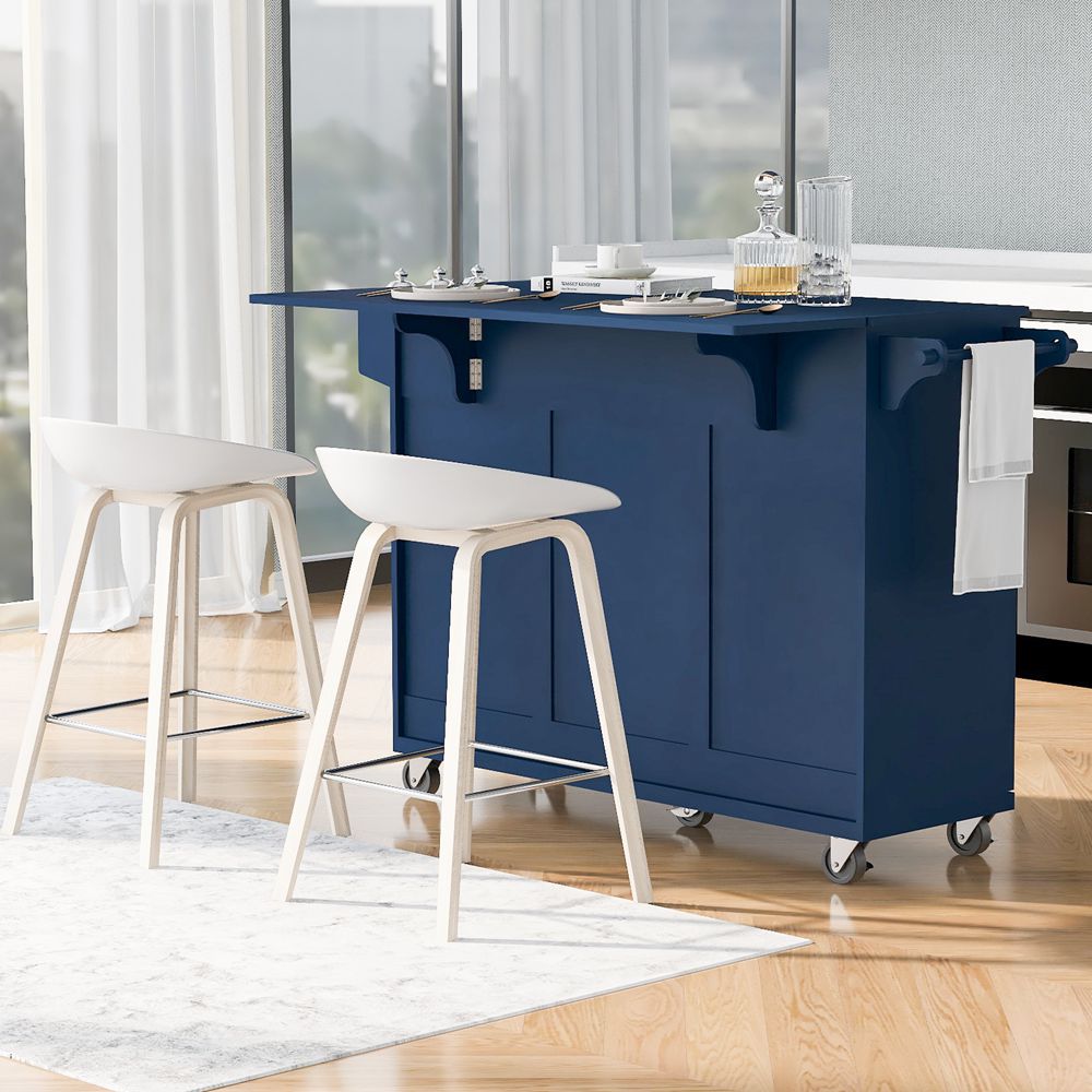 Runesay Blue Mdf Base with Mdf Wood Top Rolling Kitchen Island (27.56-in x 53.15-in x 36.33-in)