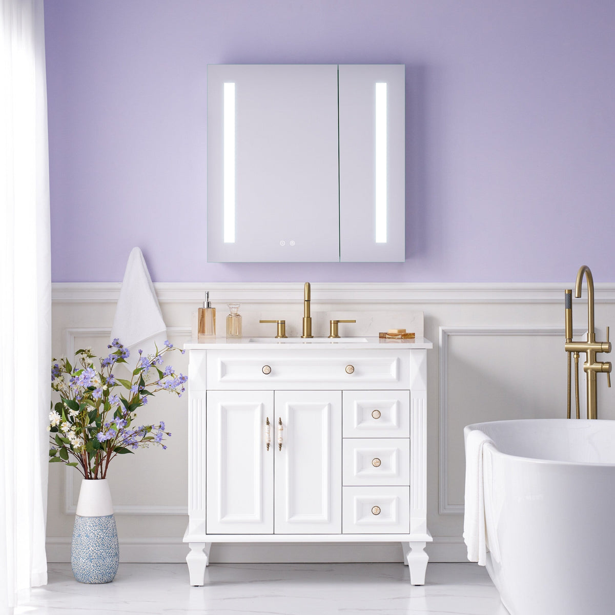 WELLFOR VICK 30-in x 30-in Lighted LED Fog Free Surface/Recessed Mount Silver Mirrored Soft Close Medicine Cabinet with Outlet