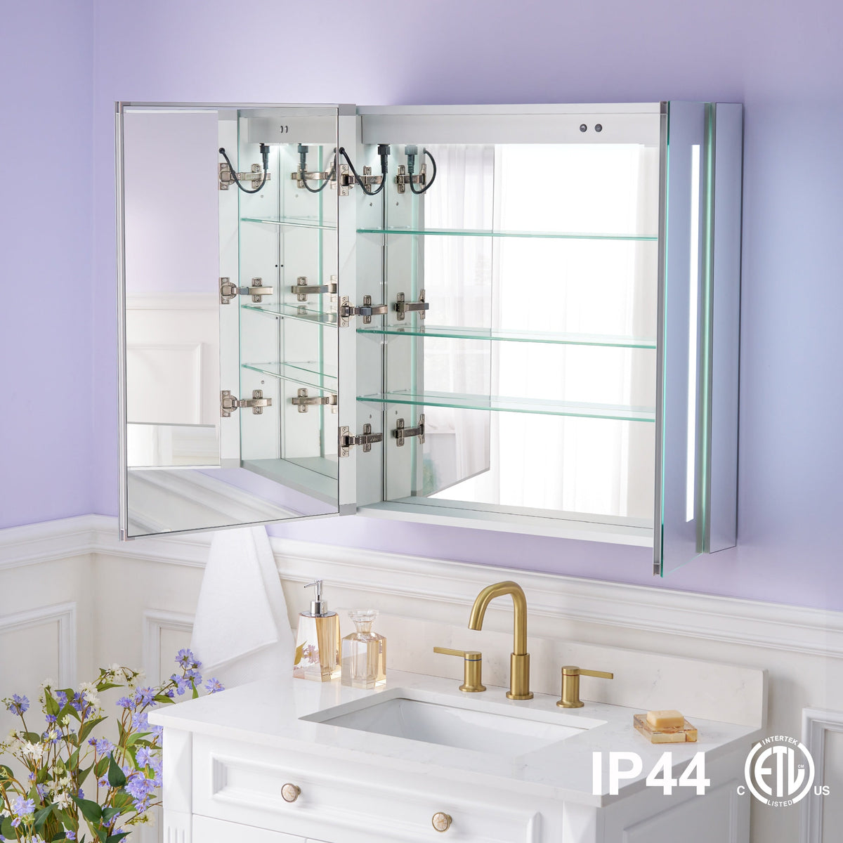 WELLFOR VICK 30-in x 30-in Lighted LED Fog Free Surface/Recessed Mount Silver Mirrored Soft Close Medicine Cabinet with Outlet