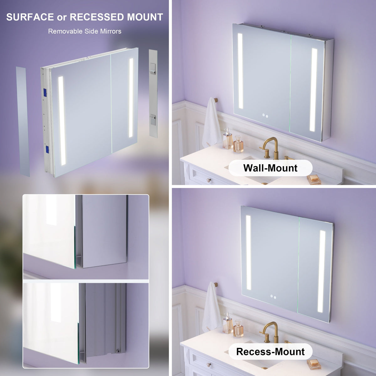 WELLFOR VICK 36-in x 30-in Lighted LED Fog Free Surface/Recessed Mount Silver Mirrored Soft Close Medicine Cabinet with Outlet