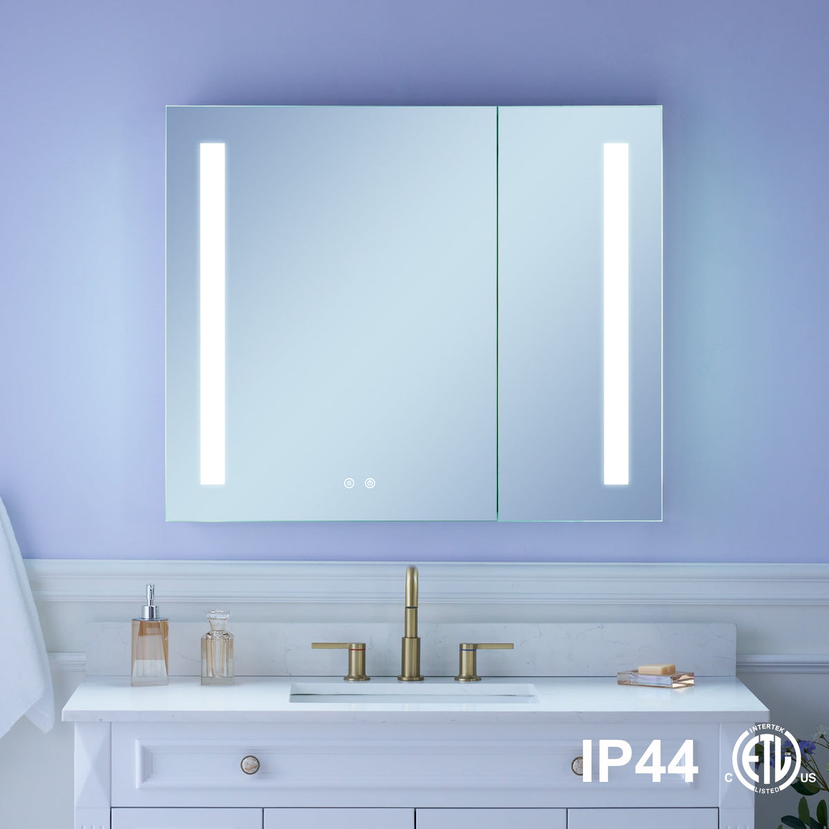 WELLFOR VICK 36-in x 30-in Lighted LED Fog Free Surface/Recessed Mount Silver Mirrored Soft Close Medicine Cabinet with Outlet