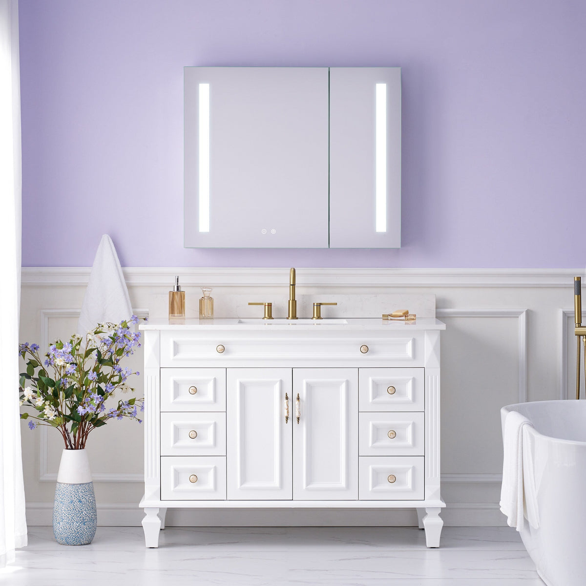 WELLFOR VICK 36-in x 30-in Lighted LED Fog Free Surface/Recessed Mount Silver Mirrored Soft Close Medicine Cabinet with Outlet