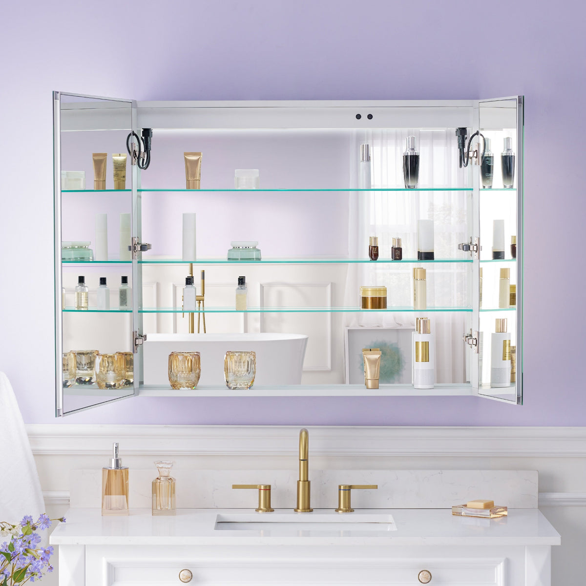 WELLFOR VICK 36-in x 30-in Lighted LED Fog Free Surface/Recessed Mount Silver Mirrored Soft Close Medicine Cabinet with Outlet