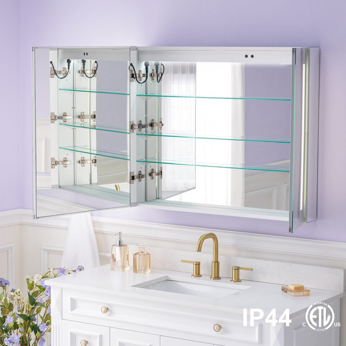 WELLFOR VICK 36-in x 30-in Lighted LED Fog Free Surface/Recessed Mount Silver Mirrored Soft Close Medicine Cabinet with Outlet