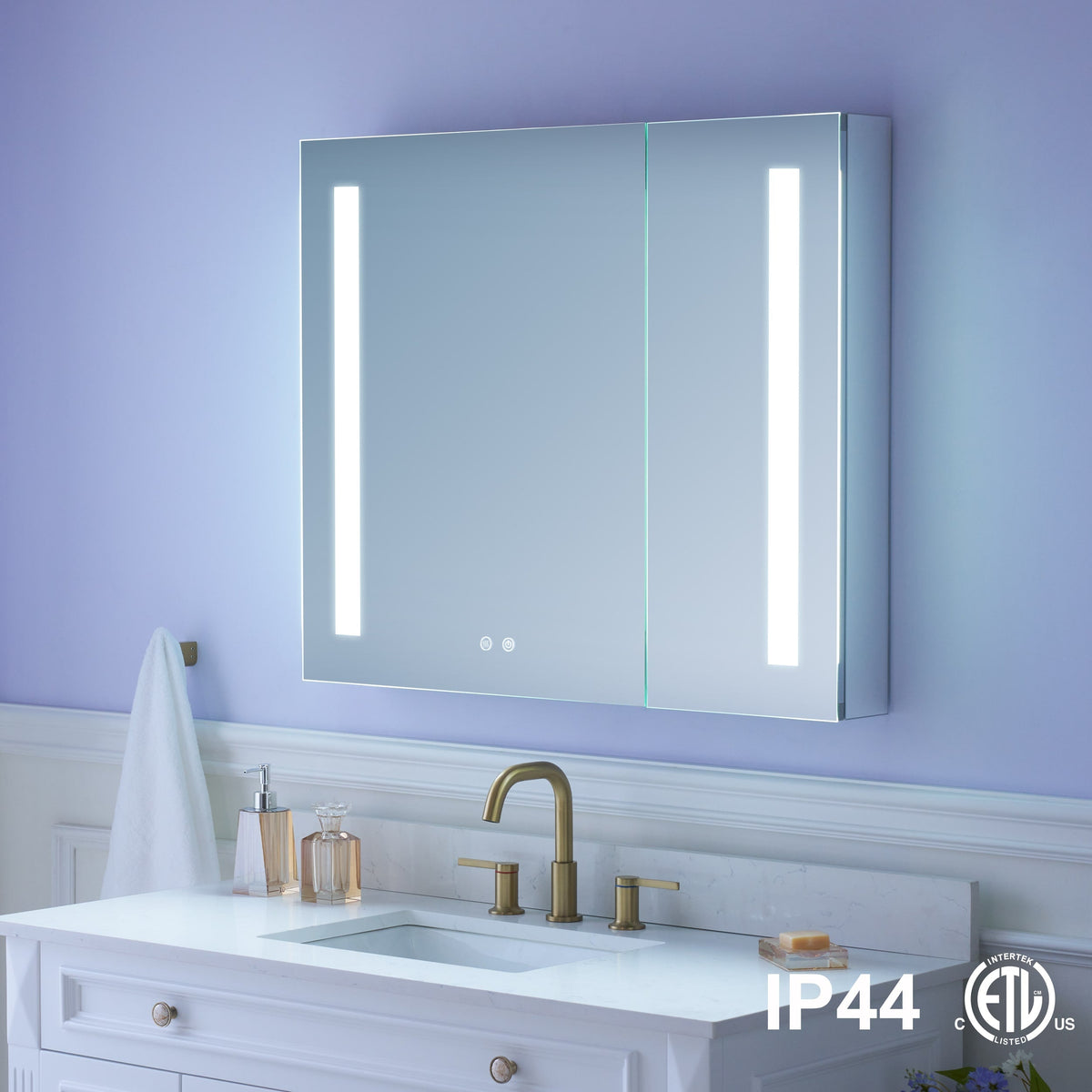 WELLFOR VICK 36-in x 30-in Lighted LED Fog Free Surface/Recessed Mount Silver Mirrored Soft Close Medicine Cabinet with Outlet